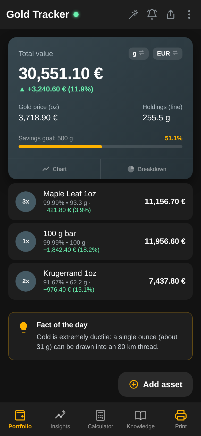 Portfolio overview with total value, gold price per ounce, savings goal and the tracked coins and bars