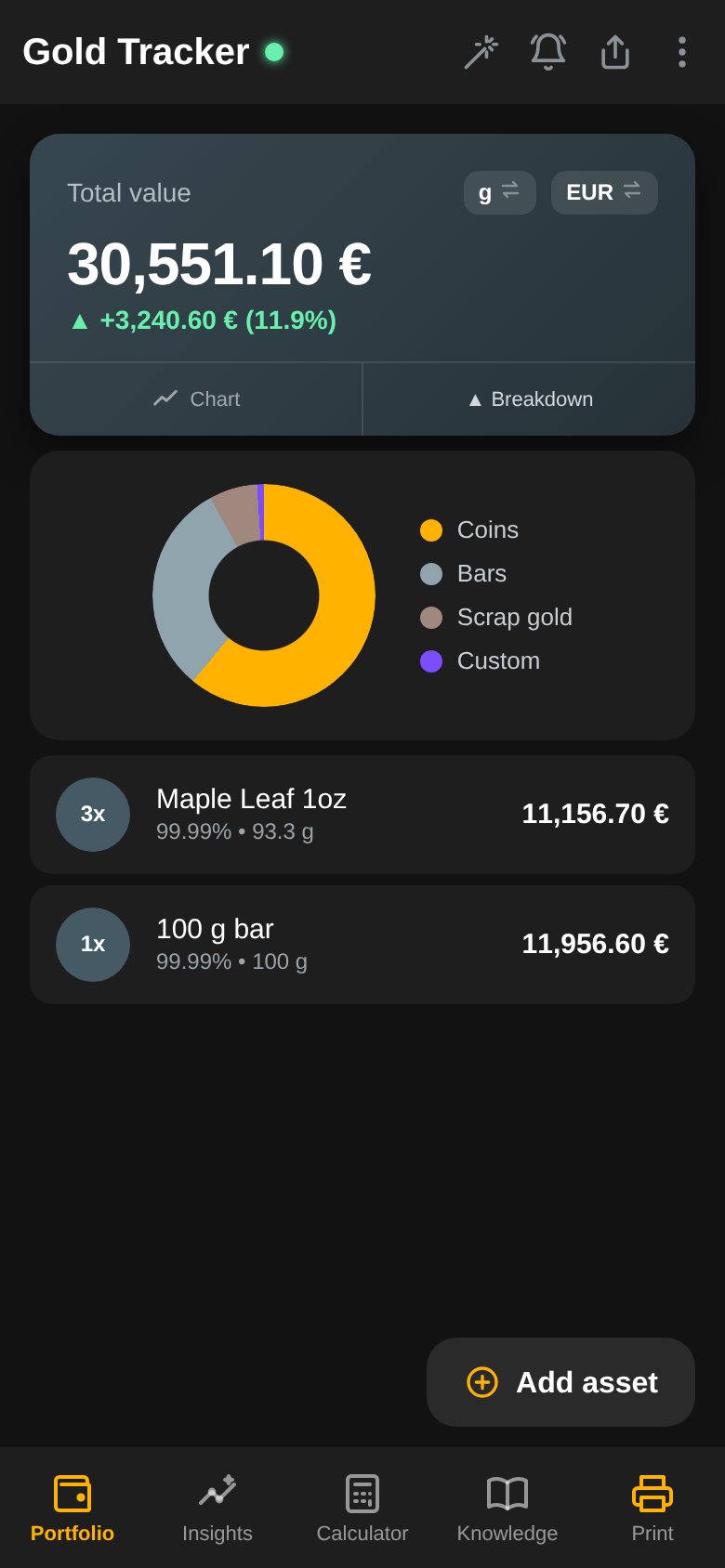 Doughnut chart splitting the portfolio into coins, bars, scrap gold and custom entries