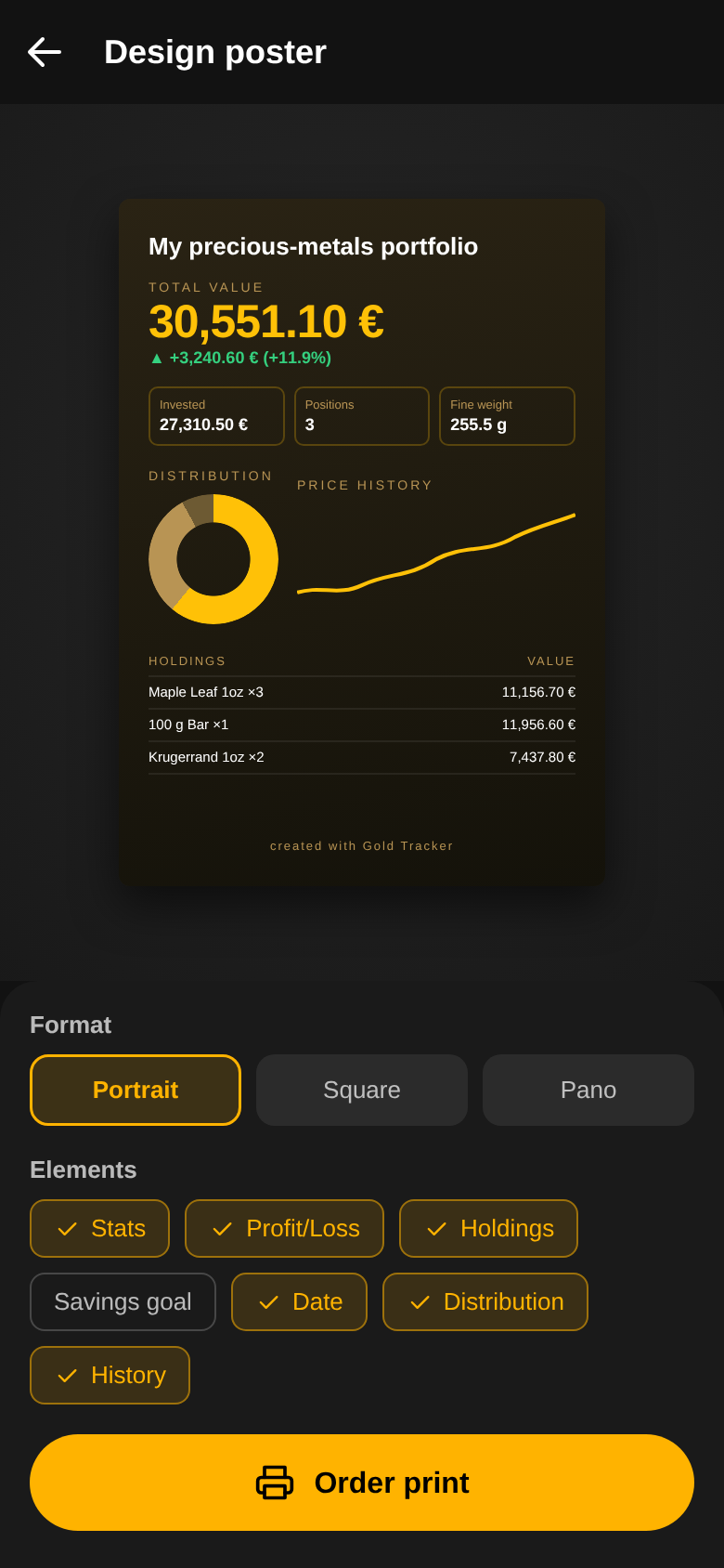 Poster designer with a preview of the portfolio, format options and selectable elements